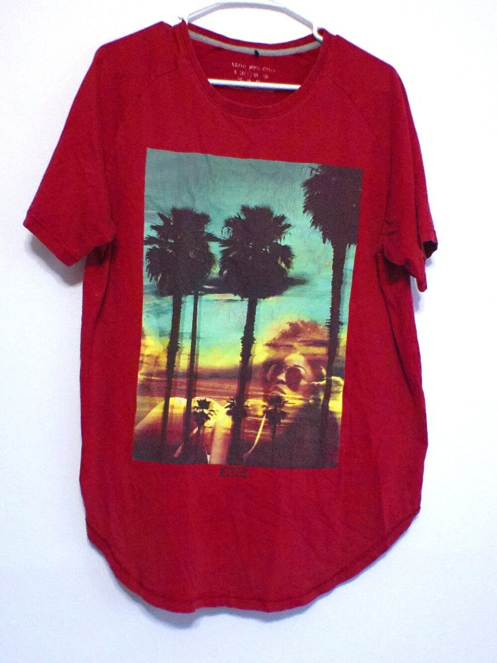 Akoo Red Graphic T-Shirt Men’s Large Palm Tree Sunset Streetwear Short Sleeve